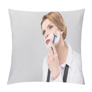 Personality  Beautiful Businesswoman Shaving Face Her Face, Isolated On Grey, Feminism Concept Pillow Covers