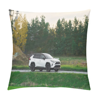 Personality  A Modern And Luxurious SUV Car Travels On An Asphalt Road With A Breathtaking Landscape Of A Golden Sunset Sky. Pillow Covers