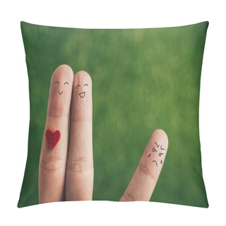 Personality  Cropped View Of Fingers As Happy Couple And Jealous Person On Green Pillow Covers