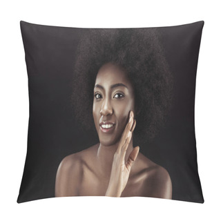 Personality  Beautiful African American Woman Touching Her Face Isolated On Black Pillow Covers