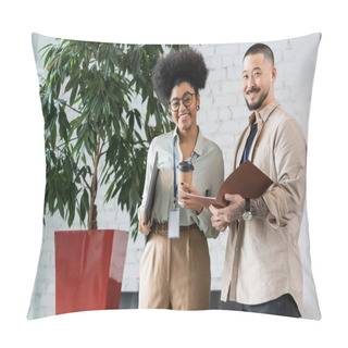 Personality  Cheerful Interracial Office Workers Looking At Camera During Coffee Break, Corporate Diversity Pillow Covers