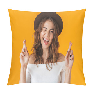 Personality  Portrait Of A Cheerful Young Woman Wearing White Shirt Pillow Covers