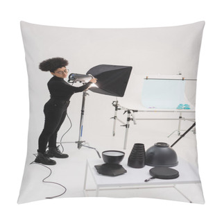 Personality  African American Content Maker Assembling Floodlight Near Shooting Table And Lighting Equipment In Photo Studio  Pillow Covers