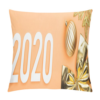 Personality  Top View Of White 2020 Numbers Near Golden Christmas Decoration On Orange Background, Panoramic Shot Pillow Covers
