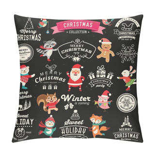 Personality  Christmas Decoration Collection Of Calligraphic And Typographic Design With Labels, Icons Elements. Set Of Cute Cartoon Characters. Pillow Covers