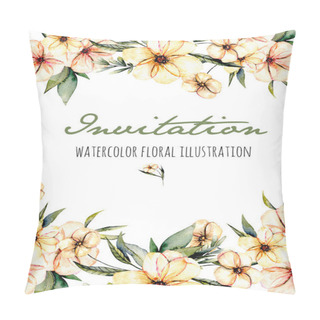 Personality  Template Postcard With Watercolor Pink Flowers And Green Leaves Bouquets Illustration Pillow Covers