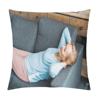 Personality  Smiling Senior Woman With Hands On Head Lying And Resting On Couch Pillow Covers