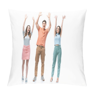 Personality  Positive Friends Standing Together With Hands Up, Isolated On White Pillow Covers