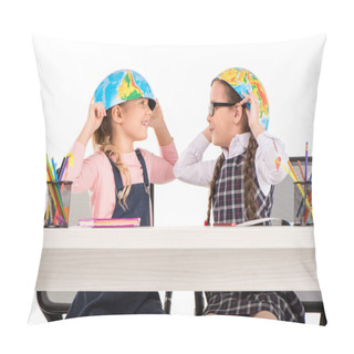 Personality  Schoolgirls With Halves Of Globe On Heads Pillow Covers