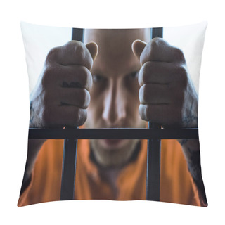 Personality  Angry Prisoner Holding Prison Bars And Looking At Camera Pillow Covers