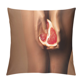 Personality  Cropped View Of Woman In Nylon Tights Squeezing Grapefruit Half Isolated On Brown Pillow Covers