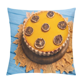Personality  Decorated Pumpkin Pie With Golden Foliage On Blue Wooden Background Pillow Covers
