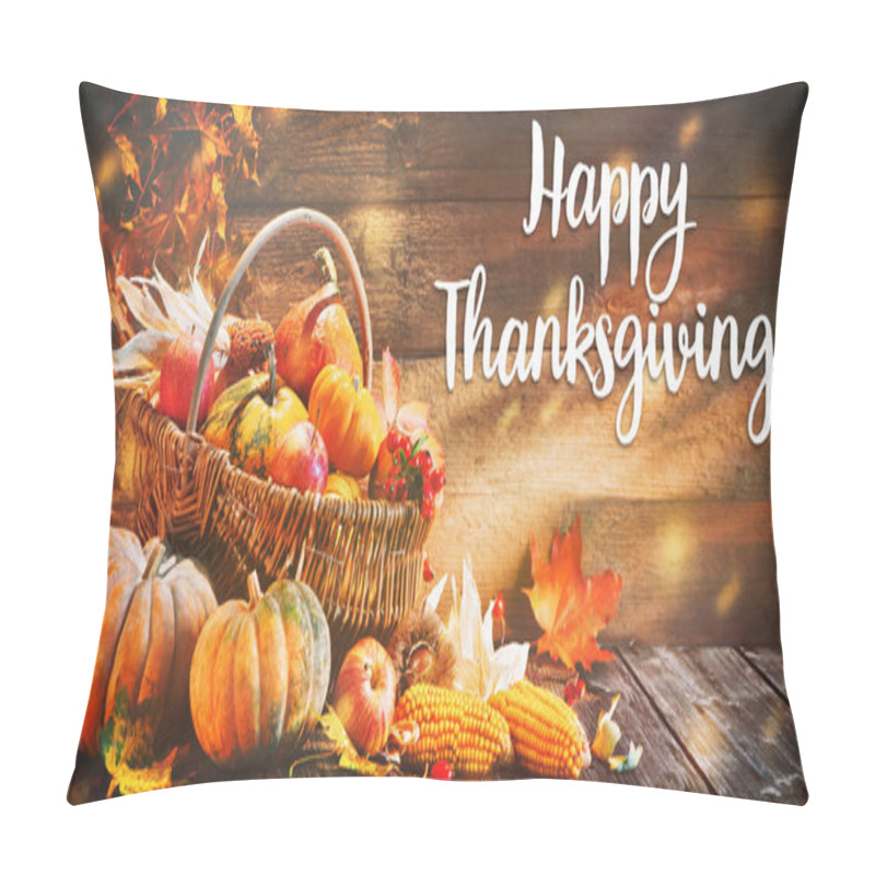 Personality  Happy Thanksgiving. Pumpkins with fruits and falling leaves on rustic wooden table pillow covers