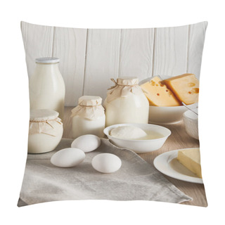 Personality  Delicious Fresh Dairy Products And Eggs On White Wooden Background Pillow Covers