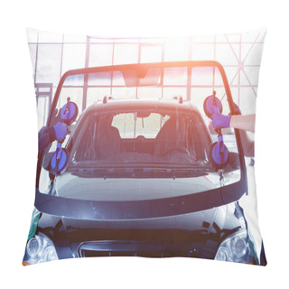 Personality  Automobile Special Workers Replacing Windscreen Or Windshield Of A Car In Auto Service Station Garage. Background Pillow Covers