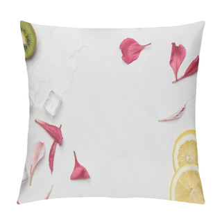 Personality  Flat Lay With Flower Petals, Ice Cubes, Lemon And Kiwi Pieces On White Tabletop Pillow Covers