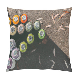Personality  Top View Of Cans With Colorful Spray Paint For Graffiti On Asphalt Pillow Covers