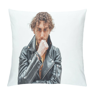Personality  Grumpy Looking Young Adult Caucasian Man Posing In A Bright Studio On A White Background, Wearing Cool Leather Jacket And Thinking Pillow Covers