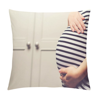 Personality  Pregnant Woman's Belly. Baby Expectation. Pregnancy, Maternity, Preparation And Expectation Concept. Woman Dreaming About Child. Background With Copy Space. Pregnant Woman Holdig Hands On Belly, Closeup. Pillow Covers