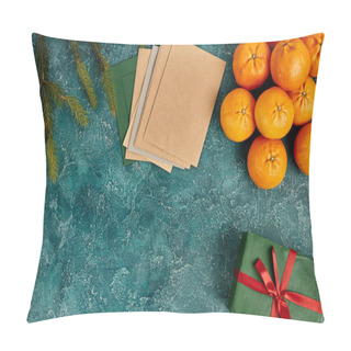 Personality  Fresh Tangerines And Multicolored Envelopes Near Pine Branches On Blue Texture, Christmas Still Life Pillow Covers