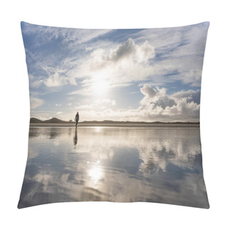 Personality  A Beautiful Shot Of A Woman Walking Across The Beach At A Calm Lake Pillow Covers
