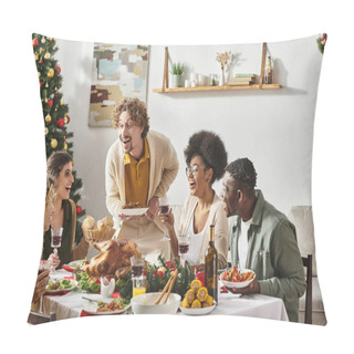 Personality  Jolly Multiracial Family Having Much Fun At Festive Lunch Drinking Wine And Eating Turkey, Christmas Pillow Covers