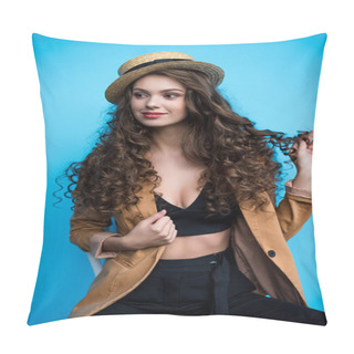 Personality  Attractive Young Woman With Long Curly Hair In Fashionable Canotier Hat And Jacket Isolated On Blue Pillow Covers
