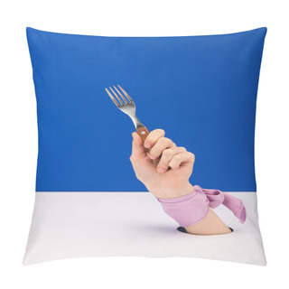 Personality  Cropped View Of Woman With Ribbon On Hand Holding Fork Isolated On Blue Pillow Covers