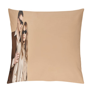 Personality  Loving Elegant Couple In Seasonal Suits With Stylish Sunglasses Posing On Pastel Backdrop, Banner Pillow Covers