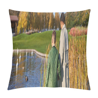 Personality  Back View Of Mother And Son In Outerwear Walking Together Near Lake With Swans And Ducks, Banner Pillow Covers