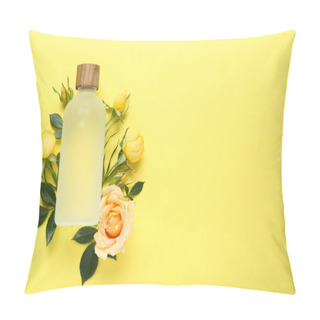 Personality  Bottle Of Rose Essential Oil And Beautiful Flowers On Pale Yellow Background, Top View. Space For Text Pillow Covers