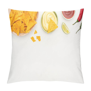 Personality  Top View Of Corn Nachos With Lime, Chili Peppers, Ketchup And Cheese Sauce On White Background Pillow Covers