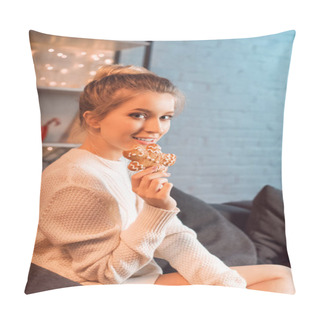 Personality  Young Blonde Woman Sitting On Couch, Posing, Lookig At Camera And Holding Gingerbread Cookie At Christmas Time Pillow Covers