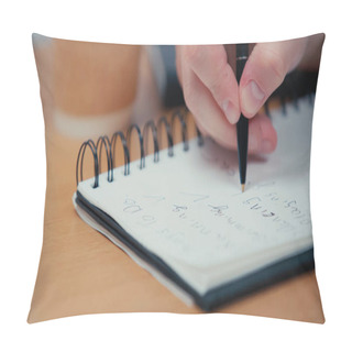 Personality  Cropped View Of Person Holding Pen While Writing In Blurred Notebook  Pillow Covers