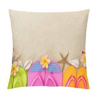 Personality  Flip Flops In The Sand With Shells And Frangipani Flowers. Summe Pillow Covers