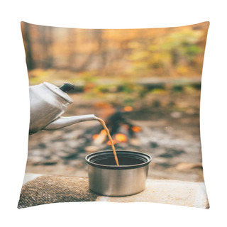 Personality  Coffee Pouring Out Of Metallic Kettle Into Cup On Blurred Autumnal Background Pillow Covers