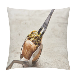 Personality  Close Up View Of Delicious Gourmet Escargot With Tweezers On Stone Background Pillow Covers