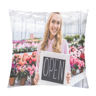 Personality  Attractive Female Gardener Holding Open Board By Flowers In Glasshouse Pillow Covers