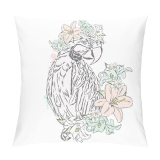 Personality  Funny Parrot With Flowers. Vector Illustration. Pillow Covers