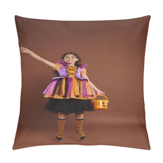 Personality  Happy Girl In Halloween Costume Levitating With Candy Bucket On Brown Background, Magic Concept Pillow Covers