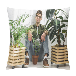 Personality  Man In Green Shirt And Glasses Sitting Near Pots With Plants And Brick Wall In Office Pillow Covers