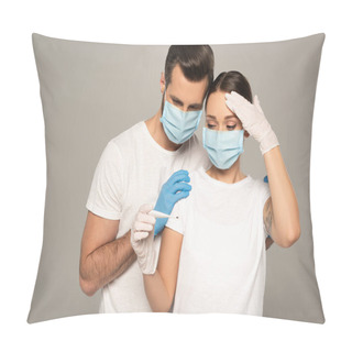Personality  Man In Latex Gloves Hugging Girlfriend With Thermometer And Hand Near Forehead Isolated On Grey  Pillow Covers
