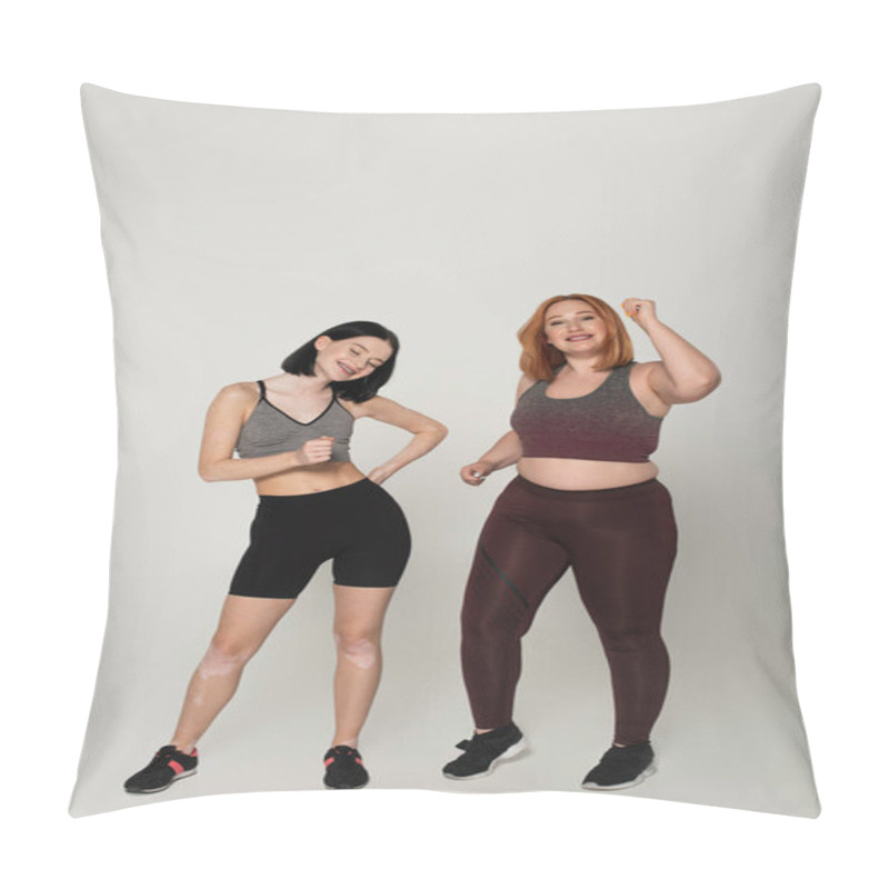 Personality  Body Positive Friends In Sportswear Dancing On Grey Background  Pillow Covers