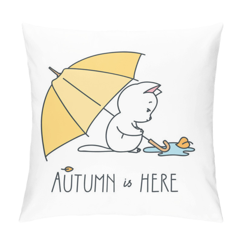Personality  Autumn is here. Doodle illustration of cute white cat sitting under the umbrella and looking at the autumn leaf. Vector 8 EPS pillow covers