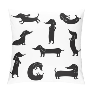Personality  Black Silhouettes Of Dachshunds Dogs Poses Set Of Vector Illustrations Isolated. Pillow Covers