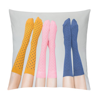 Personality  Cropped Shot Of Female Legs In Different Colorful Socks Isolated On Gray Background  Pillow Covers