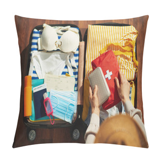 Personality  Upper View Of Modern Female With Sanitizer, Trolley Bag, Air Tickets, Medical Mask, Straw Hat, Spf, First Aid Kit And Bikini Packing Trolley Bag In The Modern House In Sunny Day. Pillow Covers