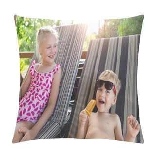 Personality  Two Cute Adorable Caucasian Blond Little Siblings Enjoy Having Fun Relaxing And Eat Fruit Popsicle Icecream Sitting On Sunbed In Yard Garden Near Pool Sea Beach. Brother And Sister Chilling Outdoor Pillow Covers
