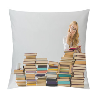 Personality  Beautiful Woman In Glasses Reading Near Pile Of Books Pillow Covers