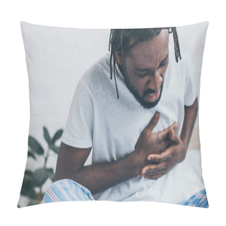 Personality  Young African American Man Suffering From Heart Pain In Bedroom Pillow Covers